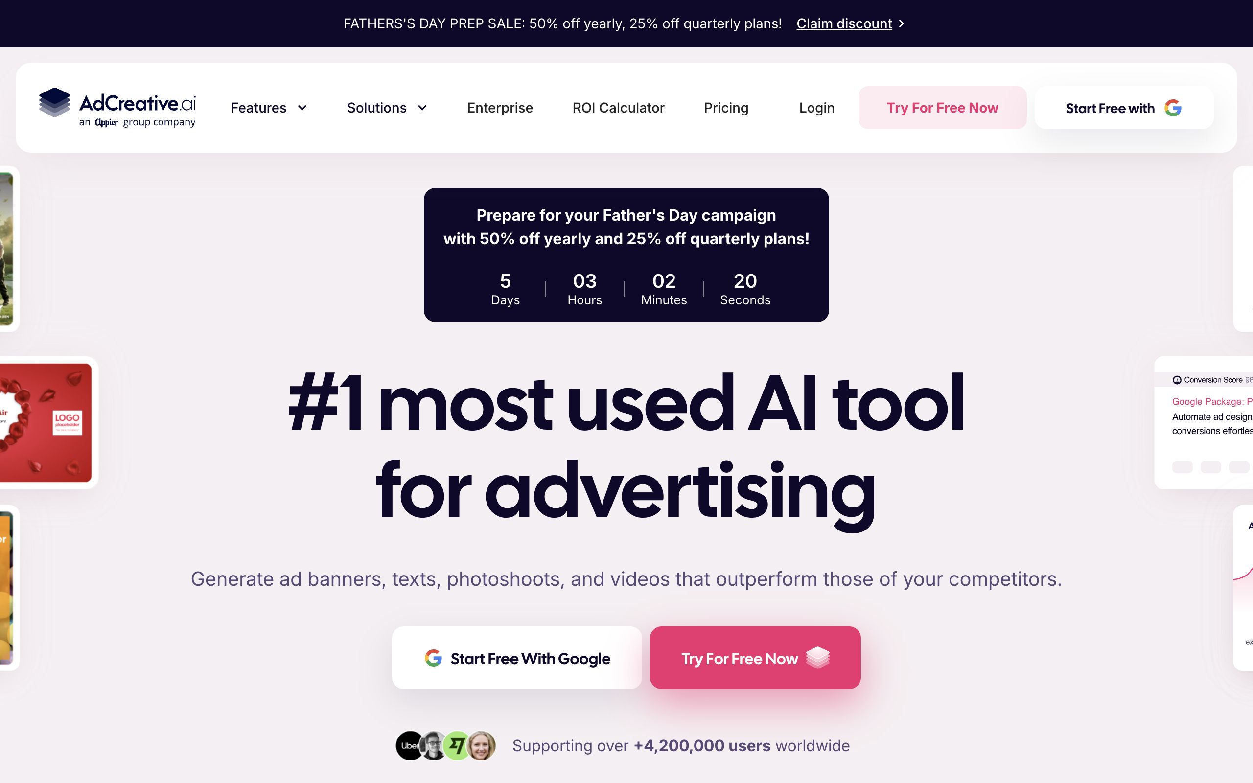 AdCreative.ai homepage with its '#1 most used AI tool for advertising' headline