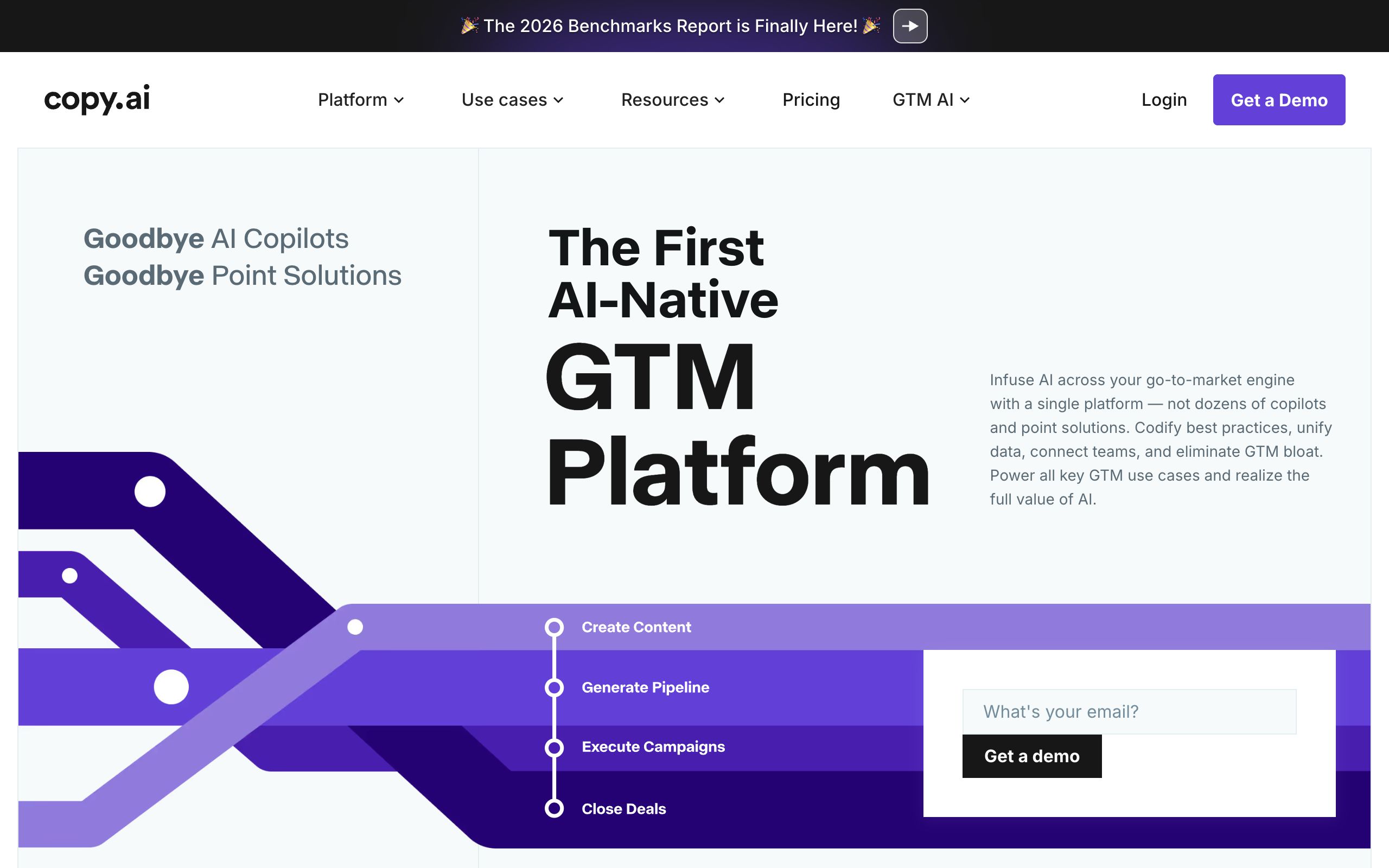 Copy.ai homepage presenting its go-to-market AI workflow platform
