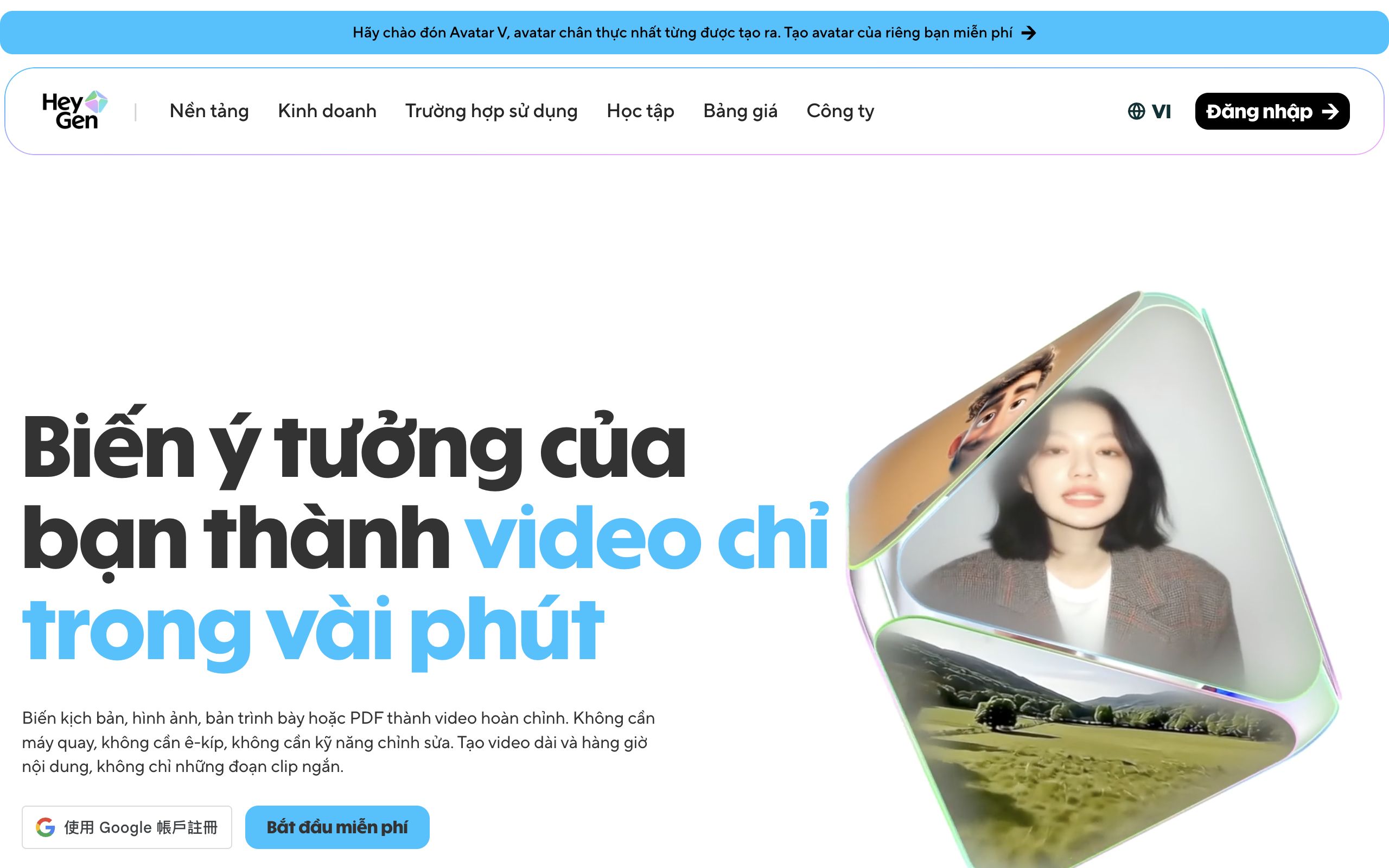 HeyGen homepage presenting its creator-friendly AI avatar and voice-cloning video tools