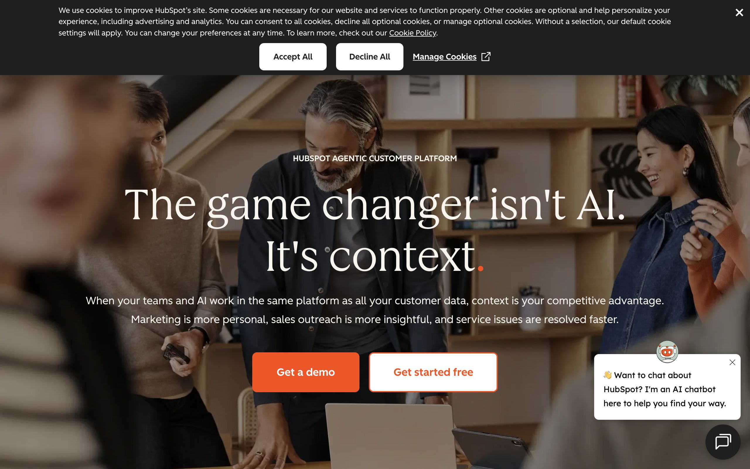 HubSpot homepage showing its AI-powered CRM and Marketing Hub platform
