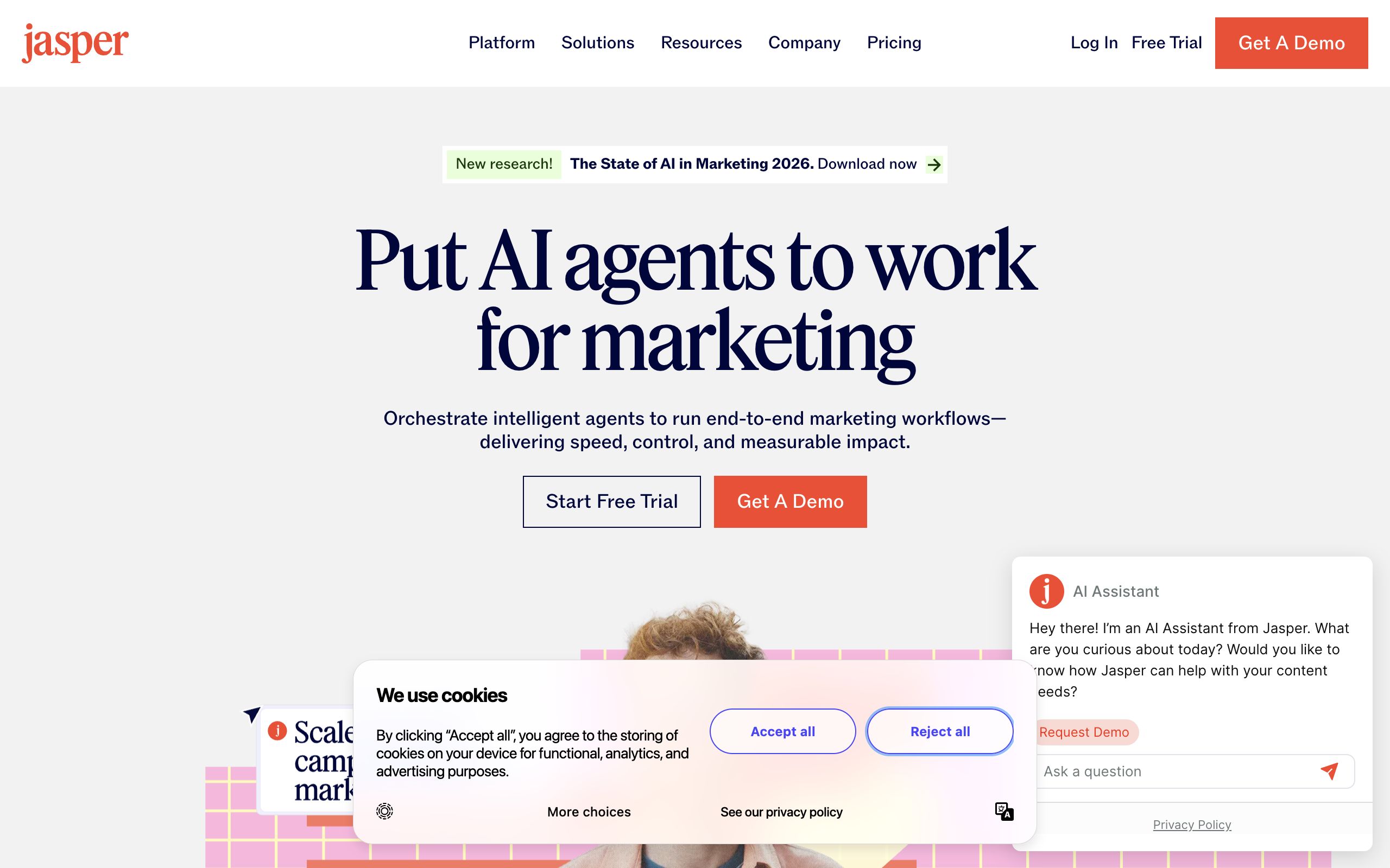 Jasper homepage showing its AI marketing copywriting platform and brand-voice positioning