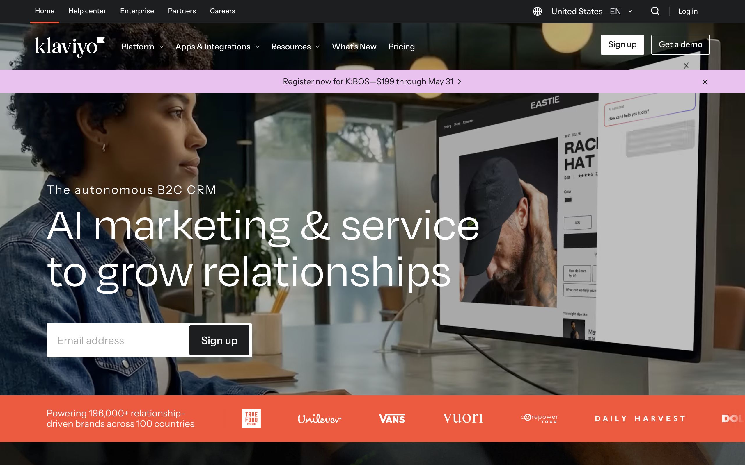 Klaviyo homepage describing its autonomous B2C CRM for AI marketing and service