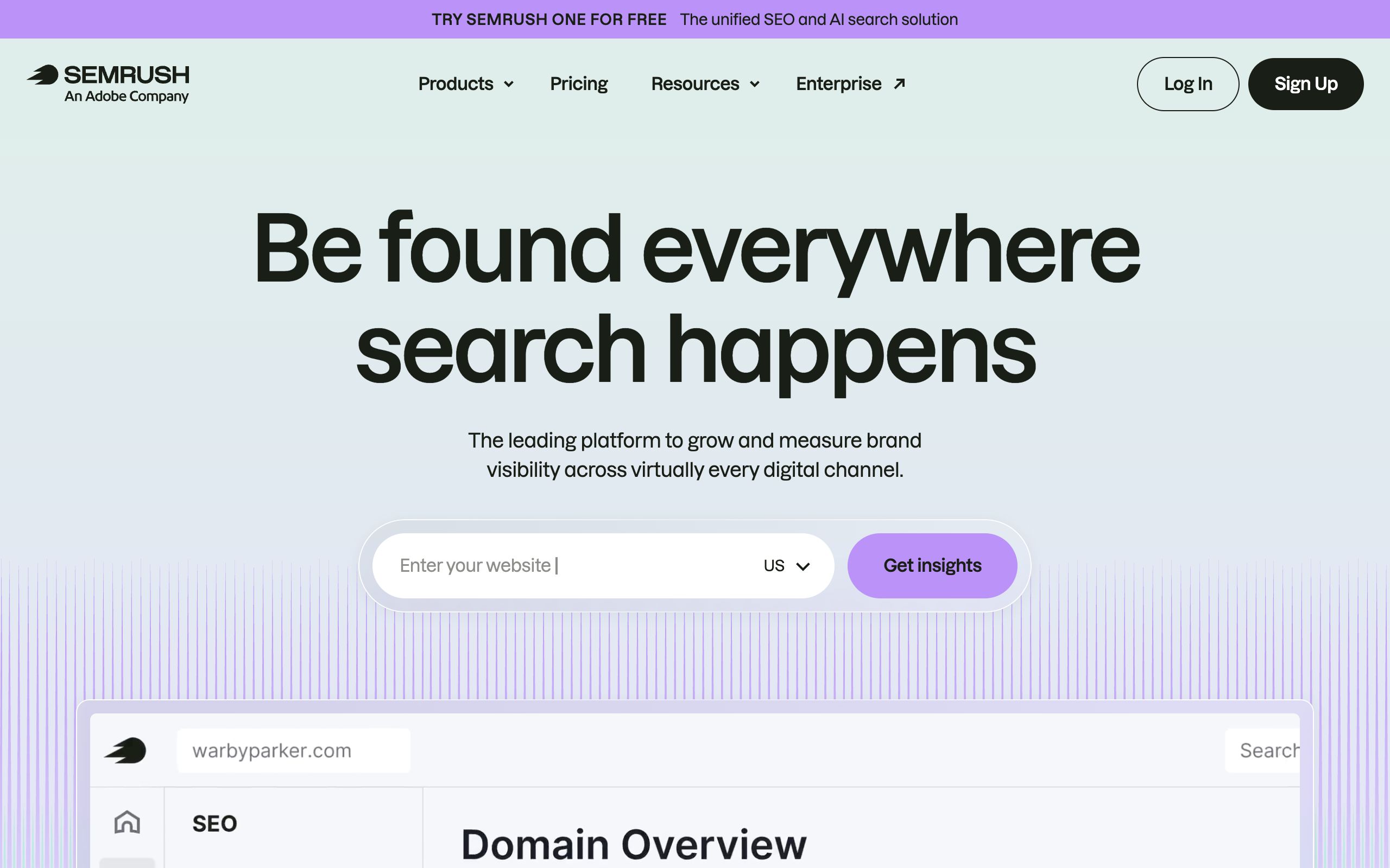 Semrush homepage with its 'be found everywhere search happens' brand-visibility positioning