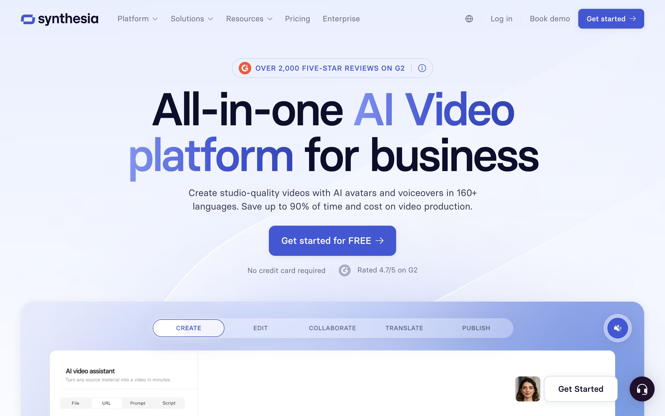 Synthesia homepage showcasing its AI avatar video generation platform
