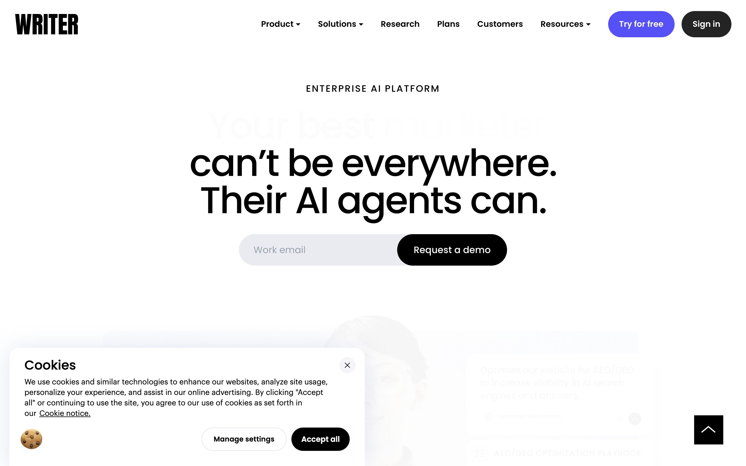 Writer homepage highlighting its enterprise generative AI platform with governed brand voice
