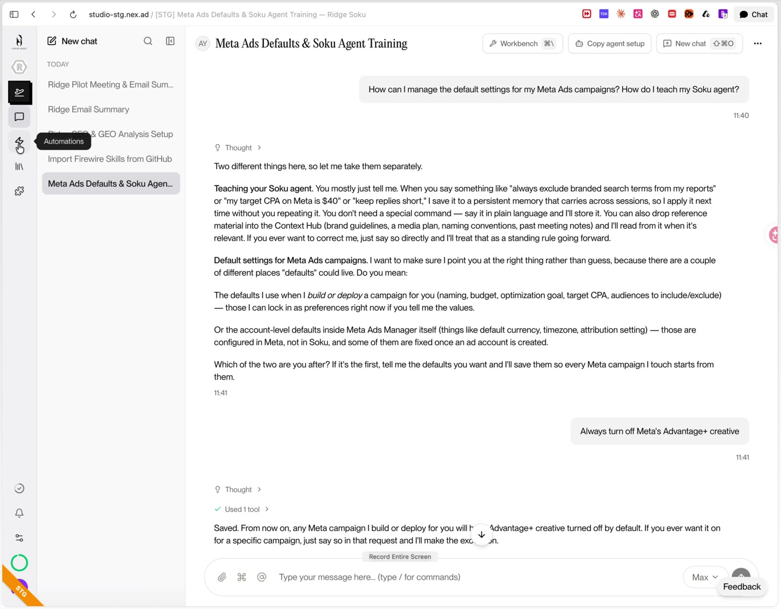 A client-specific Meta Ads preference saved for future agent work