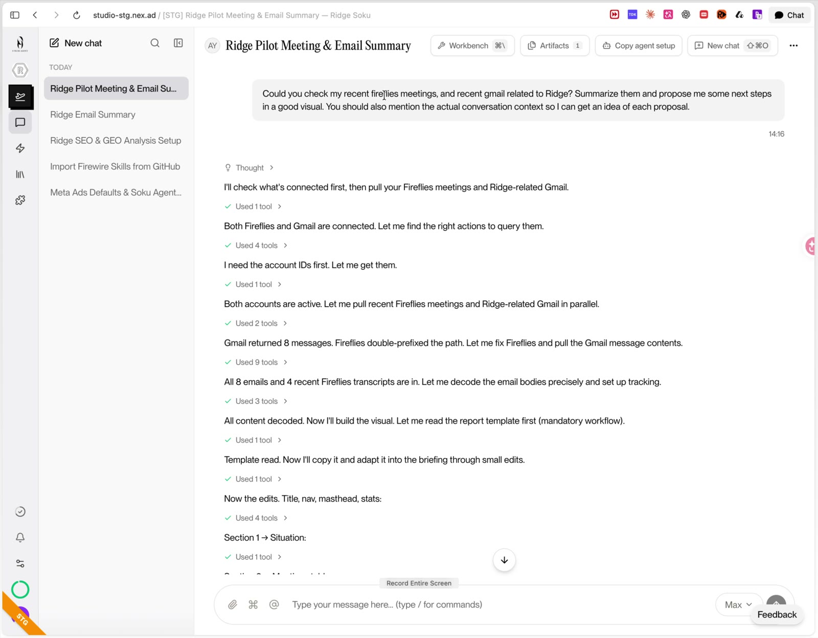 A Ridge client briefing assembled from connected Fireflies meetings and Gmail context