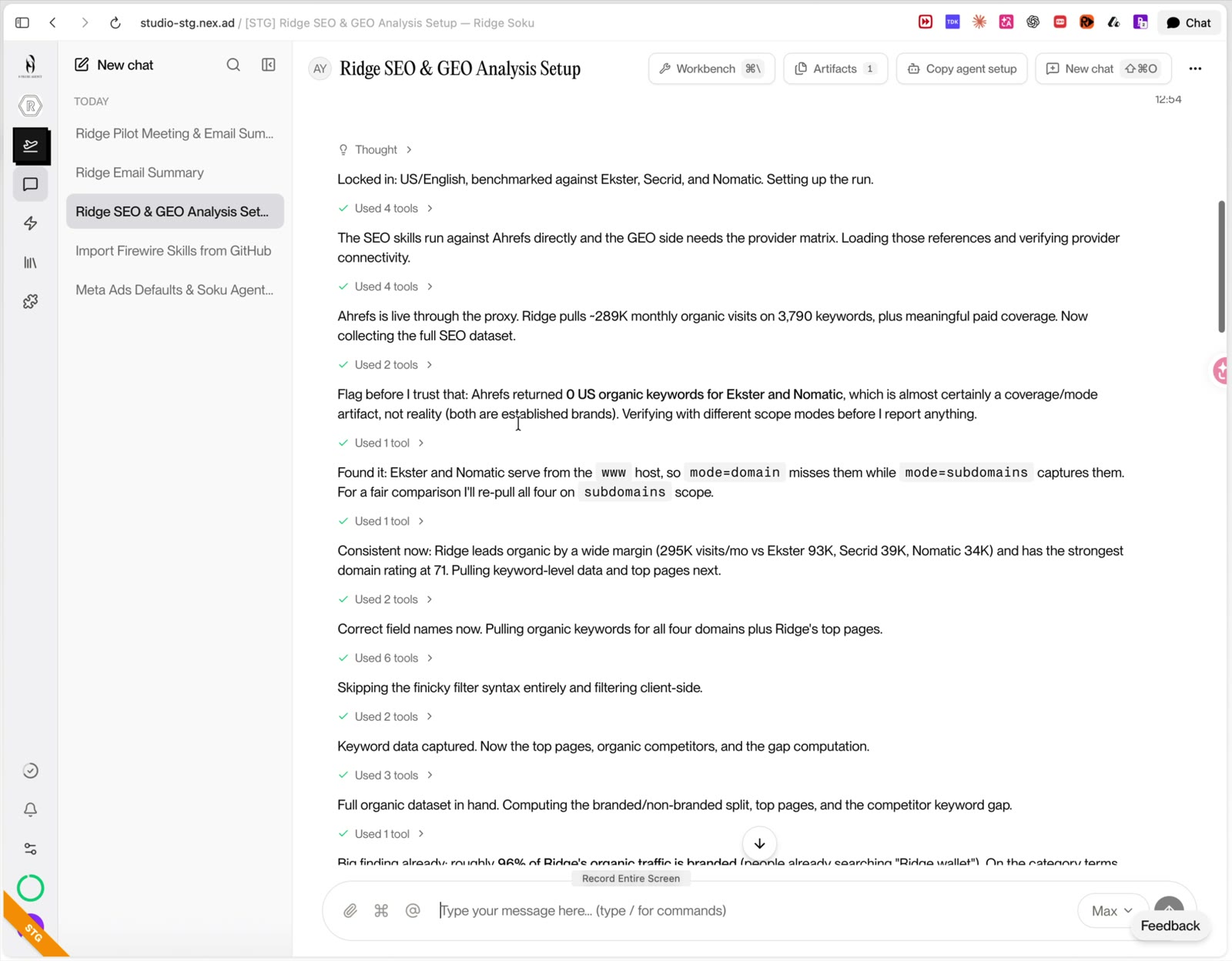 The agent checking an unexpected provider result before continuing an SEO and GEO analysis