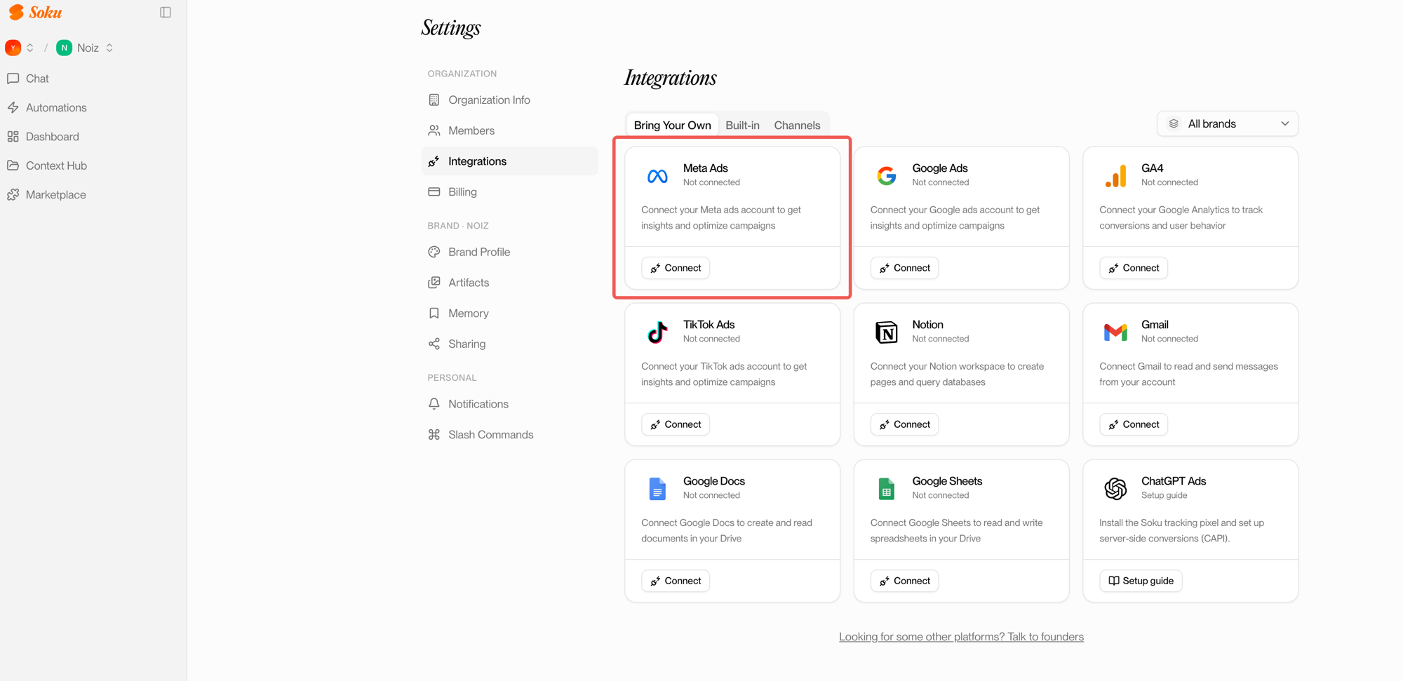 The Soku Settings → Integrations page, Bring Your Own tab, with the Meta Ads card marked "Not connected" and a Connect button highlighted