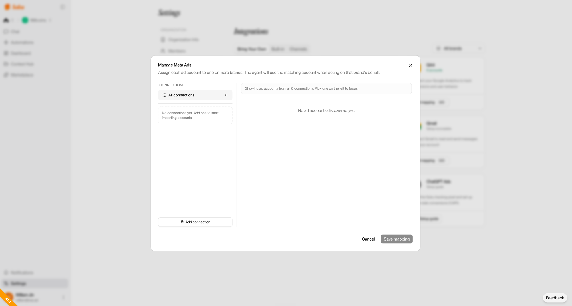 The Soku "Manage Meta Ads" dialog for assigning each Meta ad account to one or more brands, so the agent uses the matching account per brand — the agency multi-brand mapping