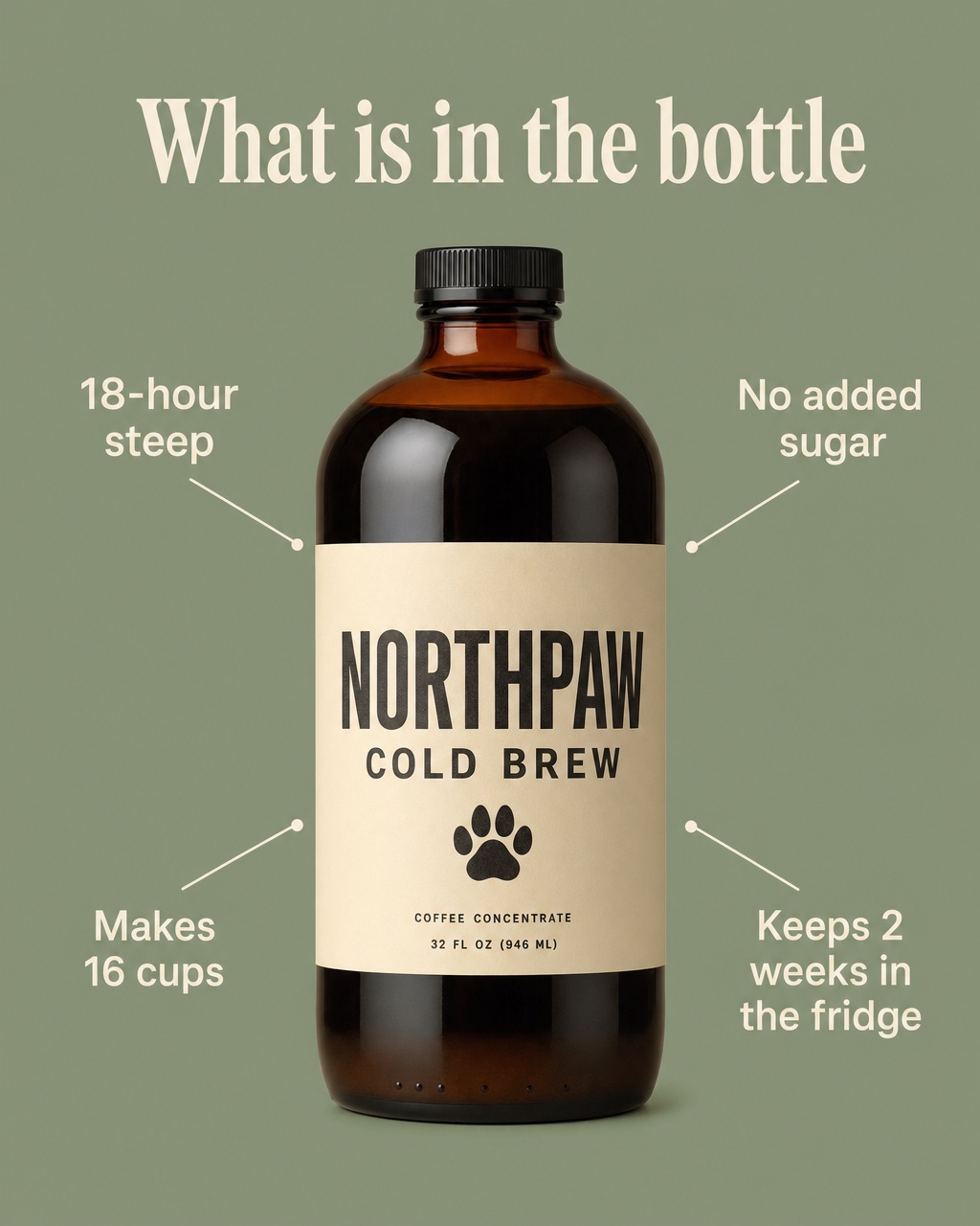 AI-generated feature callout static ad for the fictional brand Northpaw Cold Brew: bottle centered on sage green with four callouts reading 18-hour steep, No added sugar, Makes 16 cups, Keeps 2 weeks in the fridge