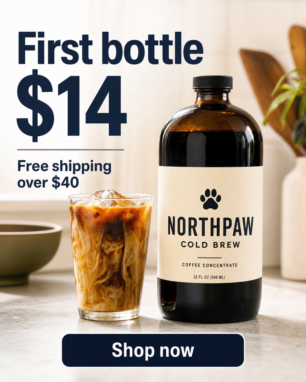 AI-generated static ad for the fictional brand Northpaw Cold Brew: headline First bottle $14, subhead Free shipping over $40, amber bottle next to an iced coffee, Shop now button at the bottom