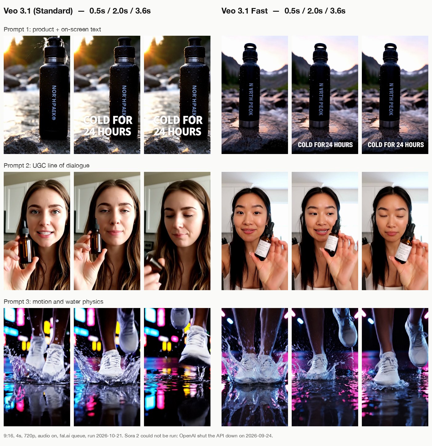 Frame grid from our test: three rows of prompts (product with on-screen text, UGC dialogue, sneakers splashing through water), each shown at 0.5, 2.0 and 3.6 seconds for Veo 3.1 on the left and Veo 3.1 Fast on the right. Both models misspell the NORTHPEAK bottle label but render the COLD FOR 24 HOURS overlay correctly