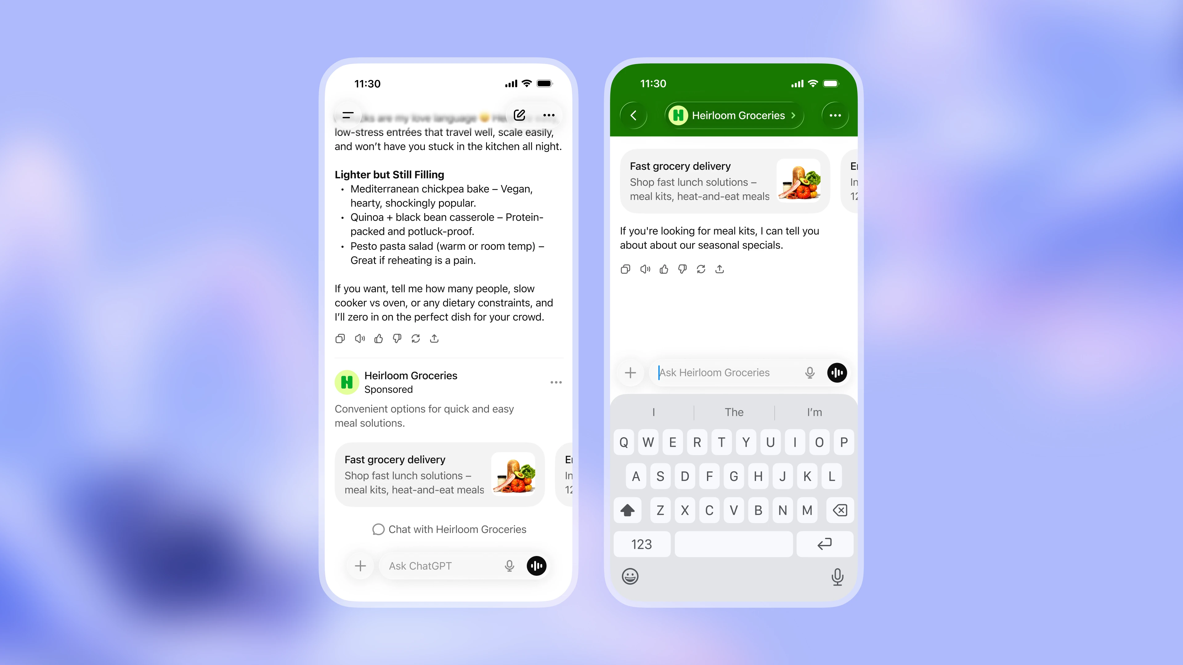 Official illustration of a ChatGPT Ads ad card and brand conversation page inside a ChatGPT conversation
