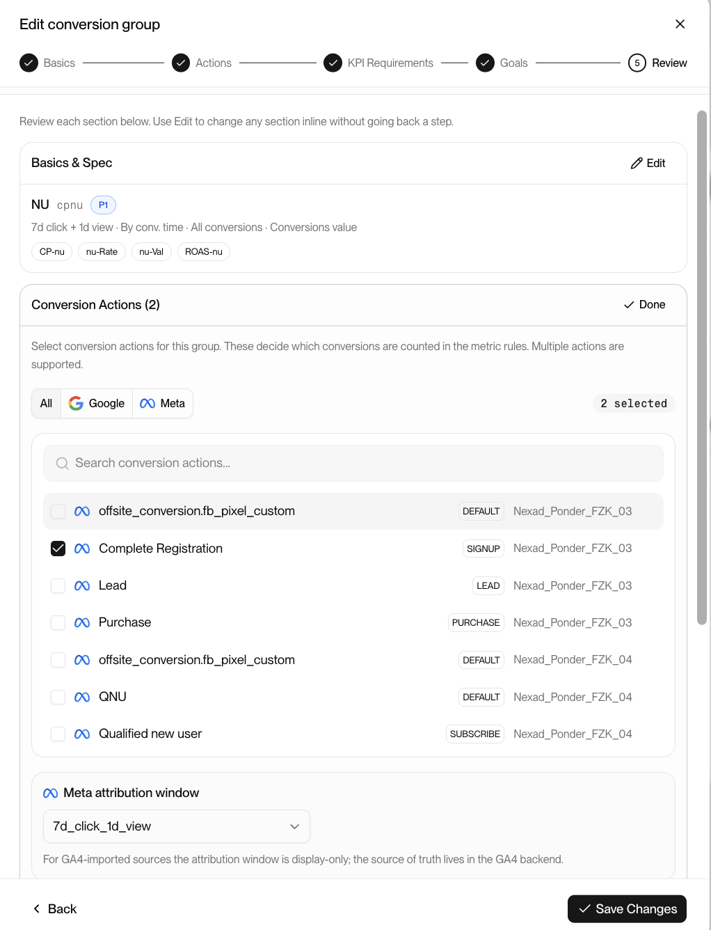 The conversion group editor, showing the Basics spec and selected conversion actions on the Review screen